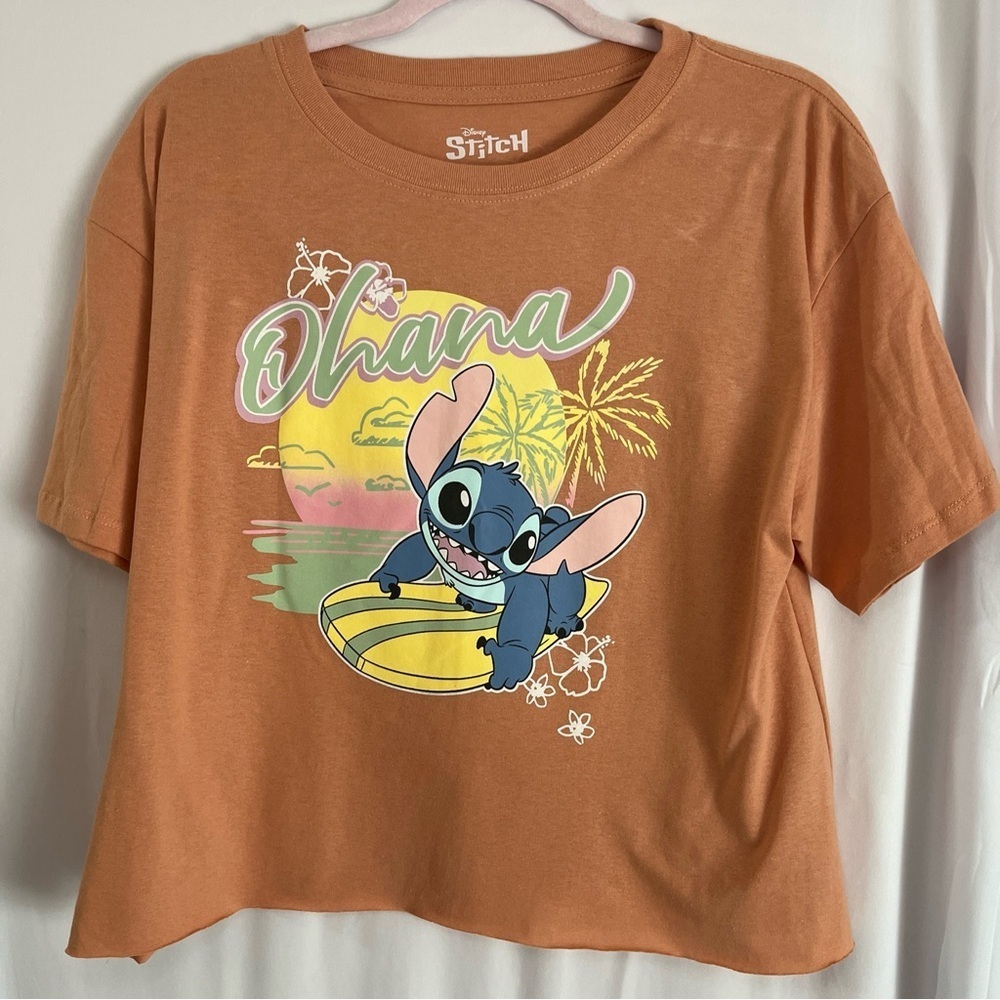 DISNEY, STITCH TEE SHIRT, Logo Front & Back, Adult L, Peach/Coral, Cropped Ohana